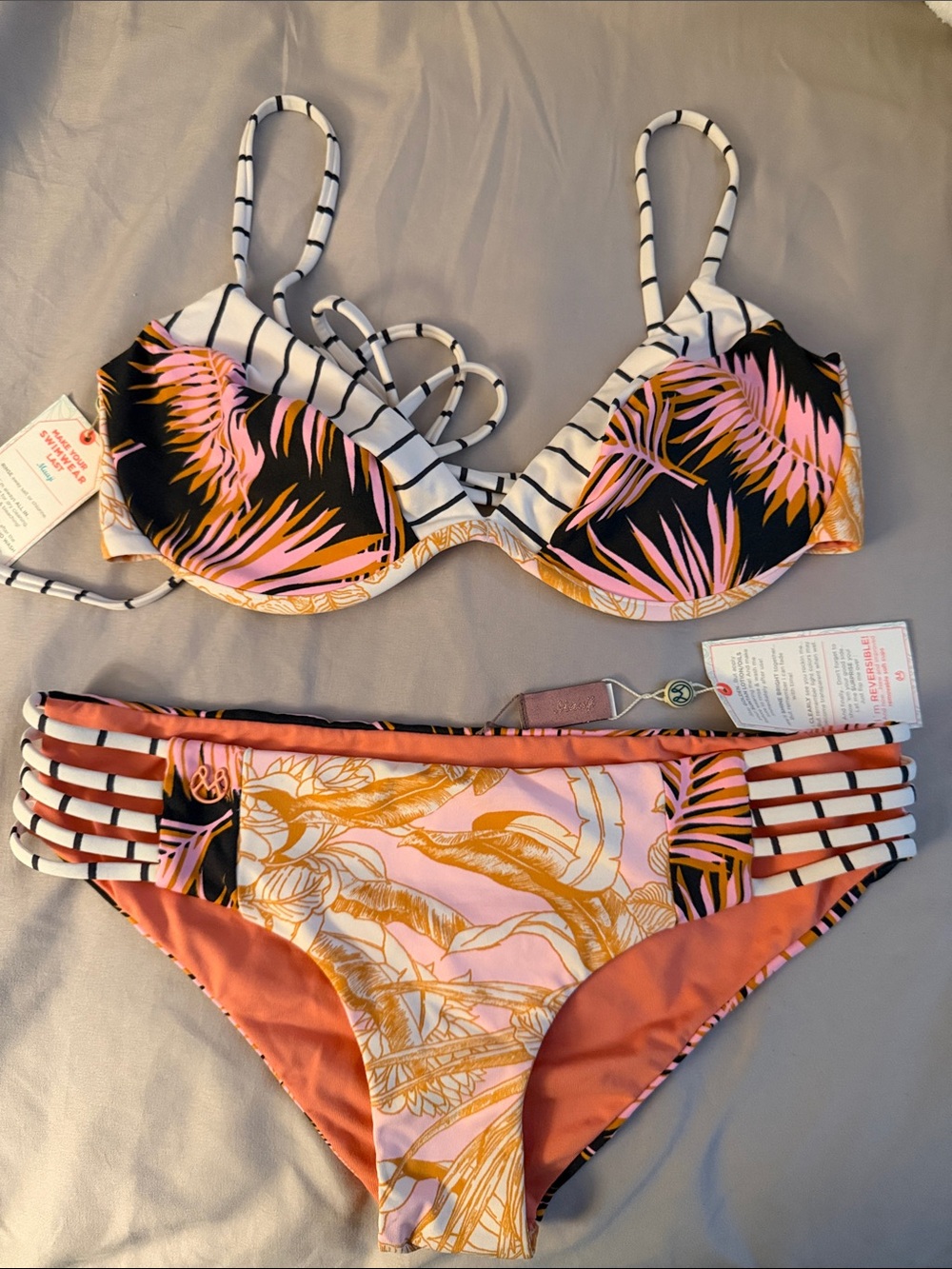 Maaji Pink Black & Gold Tropical Print Strappy Bikini